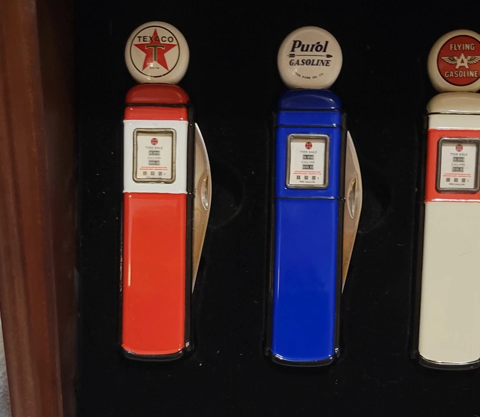 Franklin Mint Gas Pump Pocket Knives set housed in a wooden display case Vintage - Image 2 of 4