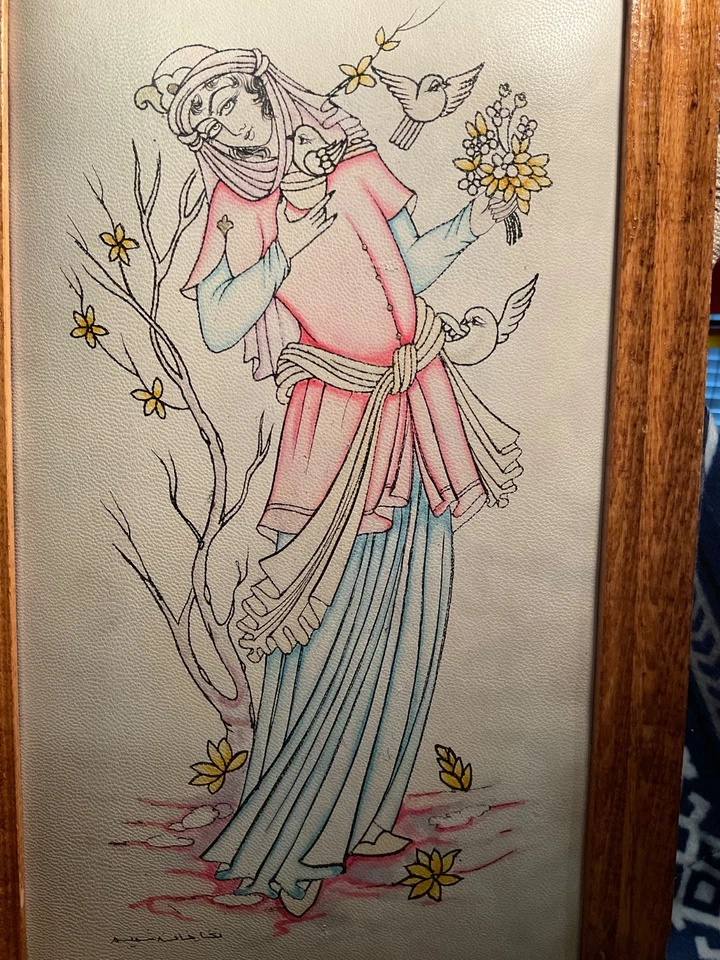 Pintura al óleo persa vintage sobre cuero, enmarcada, 7" x 13" (imagen), 10" x 16 1/4" Foto 3 de 4