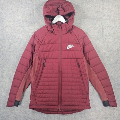 Nike Herren Medium gefütterte Jacke burgunderrot Kapuze wattiert Wintermantel durchgehender Reißverschluss