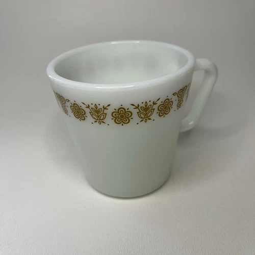 Vintage Pyrex 1410 Butterfly Gold Print Milk Glass Coffee Cup Mug D Handle