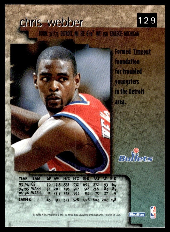 1996-97 SkyBox Premium Chris Webber #129 Washington Bullets - Image 2 of 2