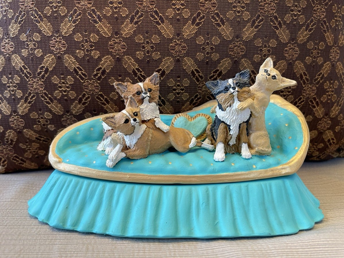 Vintage Chihuahua Dogs Teal And Gold Fainting Settee Couch Ceramic