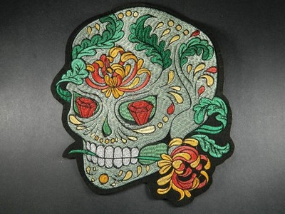MASSIVE Sugar Skull Day of the Dead Iron-On Embroidered Patch - LARGE Green Red