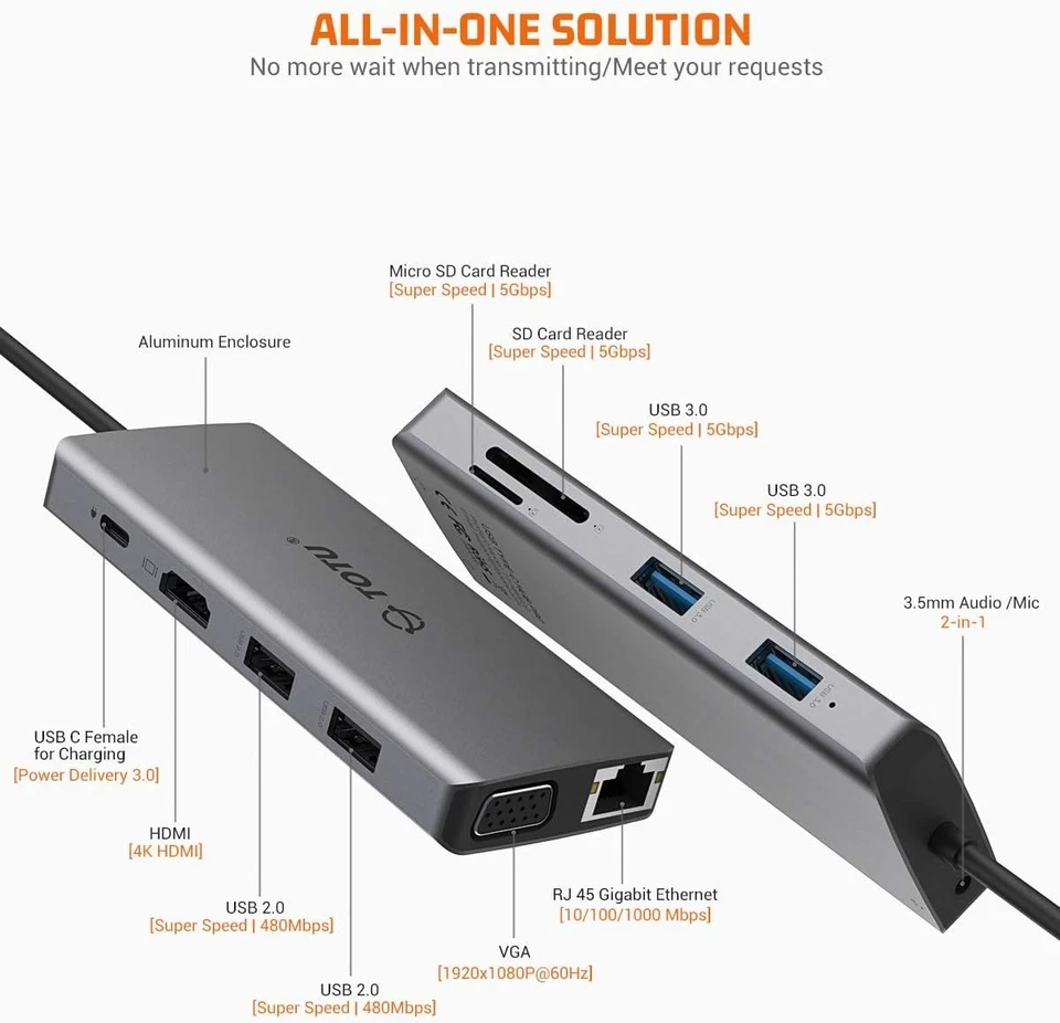 TOTU 11-in-1 USB-C Hub: 4K HDMI, VGA, 2x USB3.0, 2x USB2.0, Ethernet, SD Card - Image 2 of 4