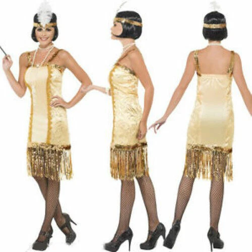 Flapper платье 20-30-х годов эпохи желтый/золотой блестки бахрома прямой платье и обруч для волос - Изображение 2 из 4