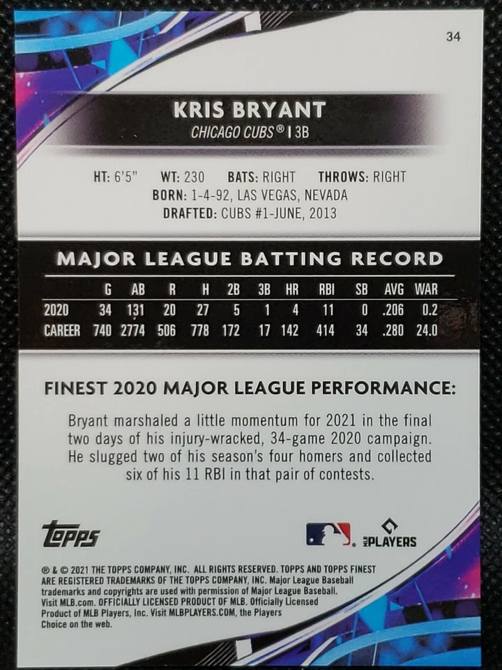 2021 Topps Finest #34 Kris Bryant Blue Refractor 118/150 - Image 2 of 2
