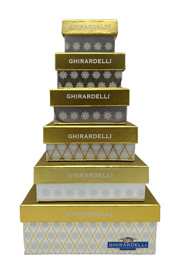 Set of 6 Decorative Holiday Nesting Gift Boxes Ghirardelli Logo Gold Silver Foil