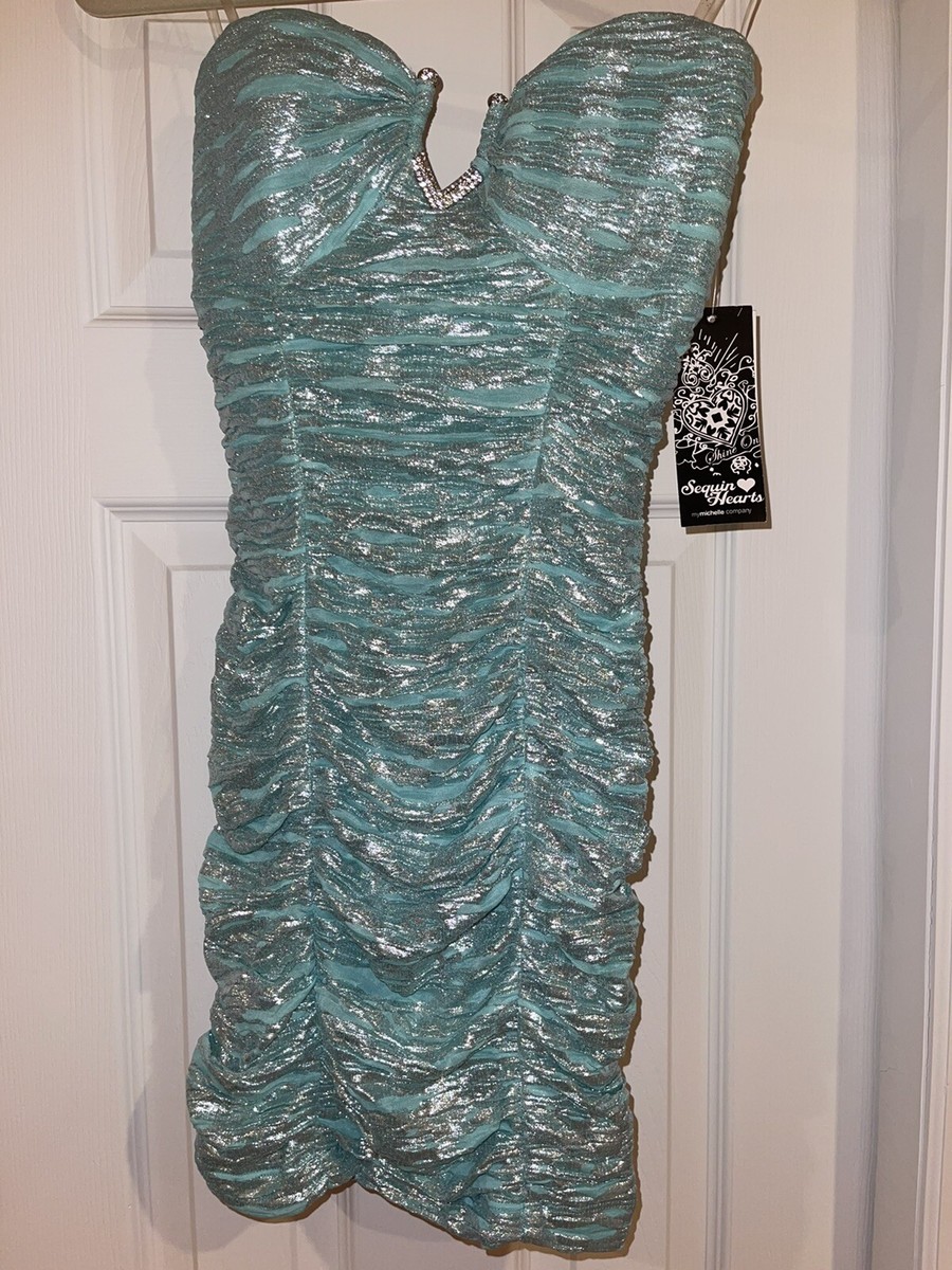 sequin hearts strapless dress Sequin Hearts Jrs Mini Strapless Dress Ruched Glitter Mint/Silver Jewel  Padded