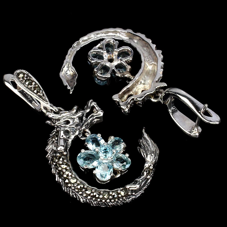 925 Orecchini Argento Sterling Ovale Zircone Marcasite Naturale Gemma Gioielli - Immagine 3 di 4