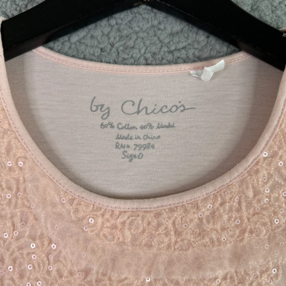 Chicos Top Womens 0 US Small Pink Sequin Tulle Ruffle Yoke 3/4 Sleeve Shirt - Image 3 of 4