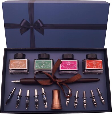 Calligraphy Pen Set   Includes Wooden Dip Pen, Antique Brass Holder, 11 Nibs