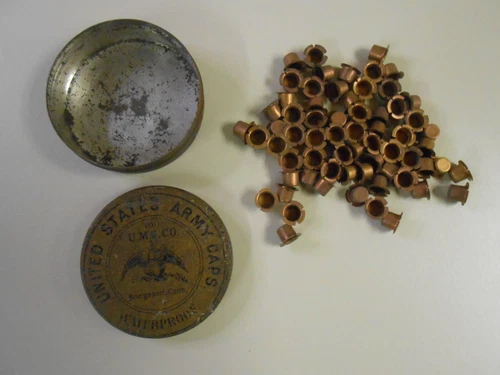 Antique Tin United States Army Caps Bridgeport CT with 66 Caps Civil War Era