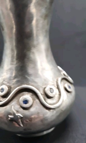 1950 LOS CASTELLO MEXICAN HAND WROUGHT SILVERED OLLA STYLE INLAID ABALONE VASE - Picture 3 of 13
