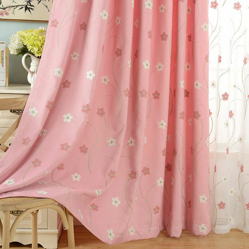 Cortinas transparentes bordadas con flores de tul tela apagón sombra cortinas rosa 1 pieza Foto 2 de 4