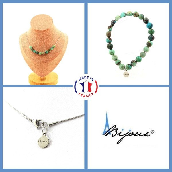 Steine Und Mineralien. Schmuckset Armband Halskette 10 Perlen Chrysokoll Aus Na-image