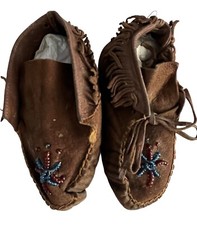 Vintage Baby Moccasins Brown Suede Leather Fringe Beadwork Child  s Size 4.5"