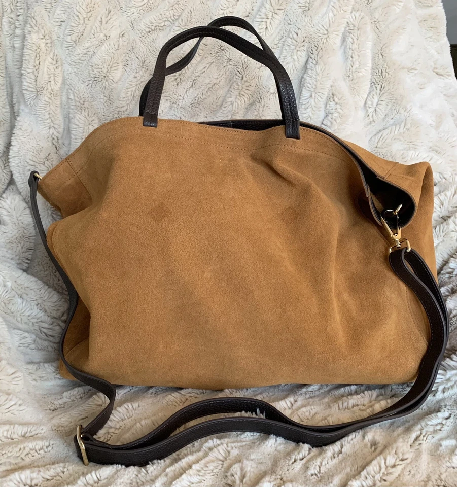 Mark & Graham Italian Suede Handbag Tote Purse Slouch Bag, Camel, Mono JLV