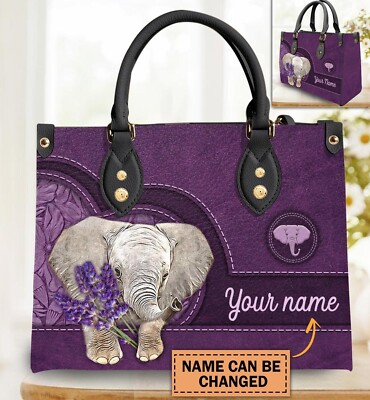 Personalized Elephant With Lavender Leather Handbag, Elephant Leather Handbag