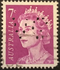 AUSTRALIA 1966 - QUEEN ELIZABETH II - 7c STAMP WITH &lsquo;V G&rsquo; PERFIN