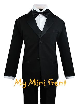 Boy's 5-Piece Classic Black Tuxedo Set - No Tail Jacket, Vest, Shirt, Pants & Bow Tie