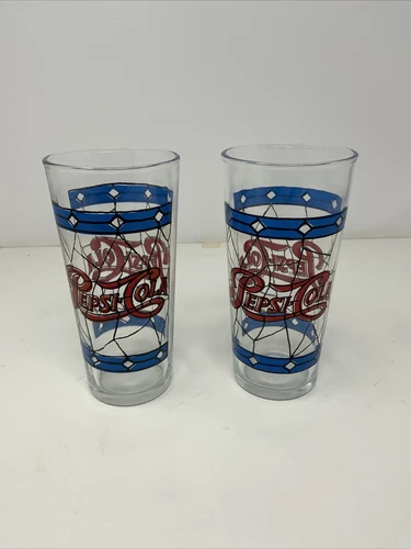Pair Of Vintage 1970s Pepsi Cola Stained Glass Style Tiffany Beverage Glasses