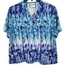 Vintage Scrub Top XL Blue White Print Polyester Pocket Silky V Neck