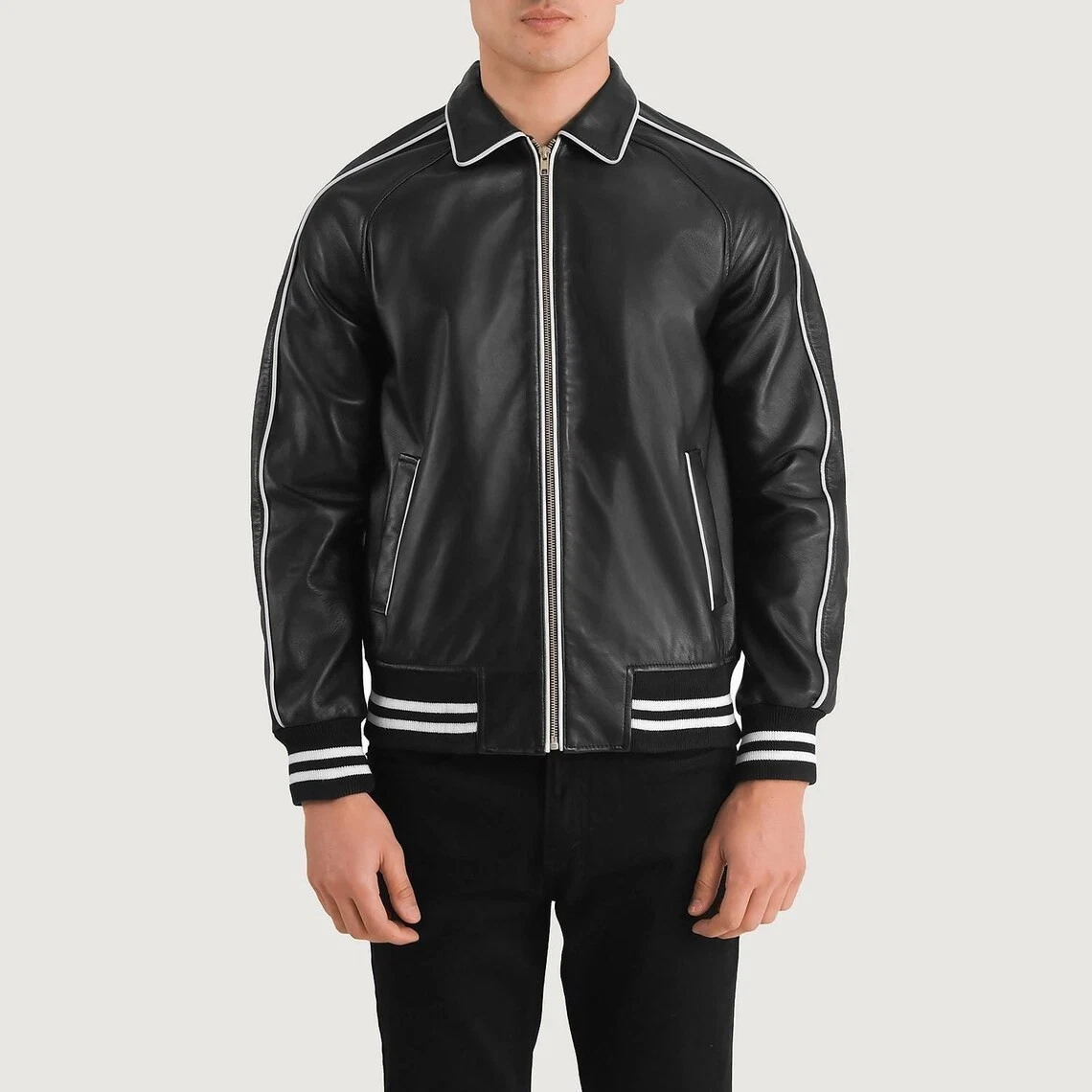 Men's Real Lambskin Black Bomber Jacket Baseball Varsity Style Leather Jacket