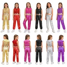 US Kids Girls Sets Metallic Outfit Sparkling Dancewear Front Zipper Jazz Pants