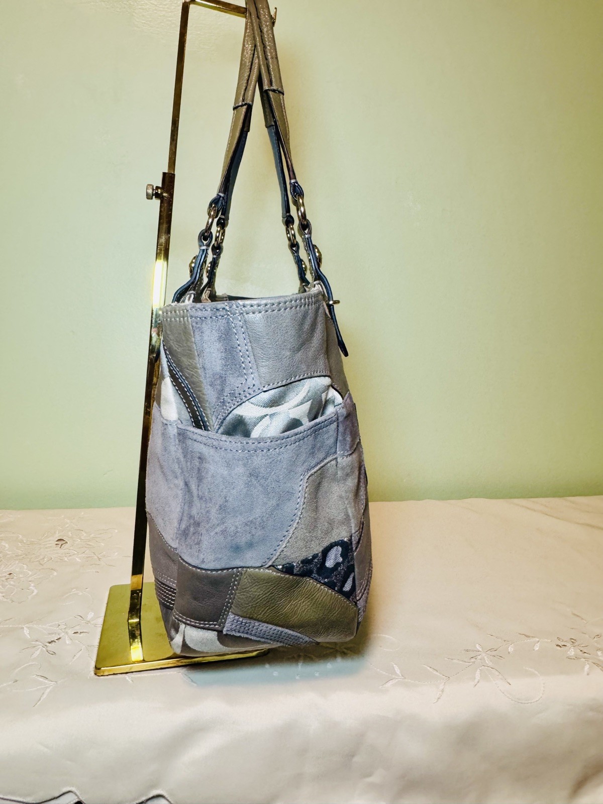 Coach Gray Pieced Patchwork Leather Suede Shoulde… - image 4