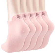 5 Pair Womens Bow Fuzzy Socks Pink Coquette Cozy Fluffy Ankle Slipper for Girls