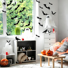 100Pcs Halloween Bat Wall Decor Stickers - 3D Black PVC Bat Decals Spooky Indoor