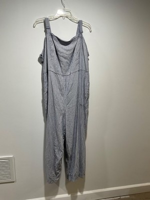 Old Navy Linen Blend Wide Leg Jumpsuit 3X Blue Striped Smocked Coastal Preppy