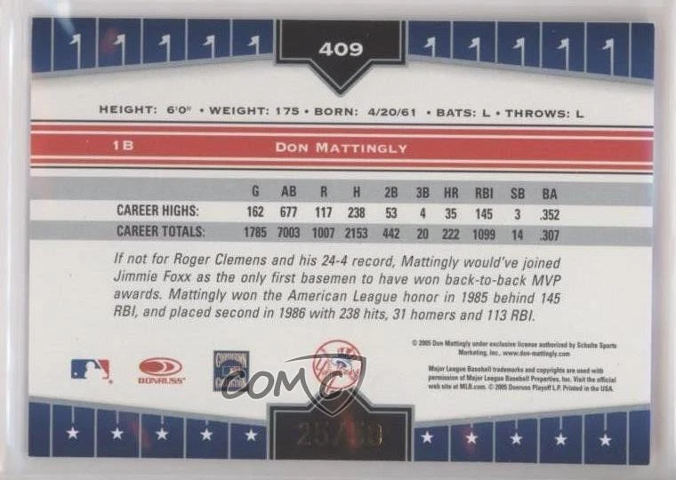 2005 Donruss Champions Gold Impressions /50 Don Mattingly #409 - Image 2 of 2