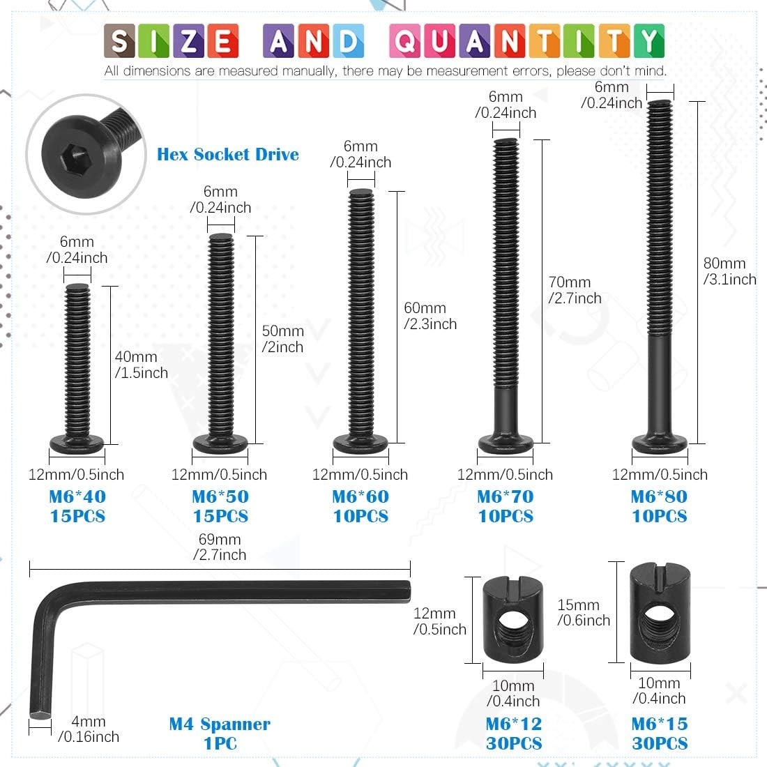 Glarks 120Pcs M6x40/50/60/70/80mm Black Hex Socket M6x40/50/60/70/80mm, 