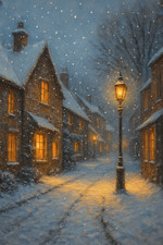 Snowy Village Street Winter Night Christmas Poster Print Framed Canvas Wall Art