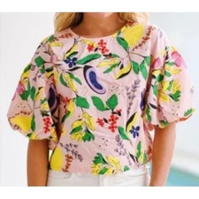 TCEC Arielle Colorful Fruit Lemon Floral Print Blouse Pink Tropical Top; Cotton