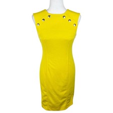 Tommy Hilfiger Dress Women 2 Yellow Silver Buttons Sleeveless Sheath Stretch