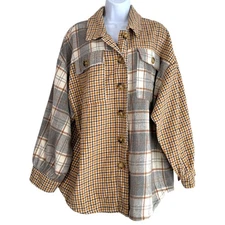 GiGiO Oversized Colorblock Flannel Shacket Coat Plaid Size S Warm Cozy Heavy