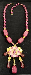 Vintage Stanley Hagler NYC Couture Statement Necklace Pink Yellow Art Glass