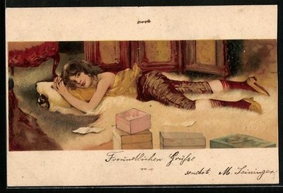AK Spärlich bekleidetes Frau auf einer Liegestatt Akt 1901 