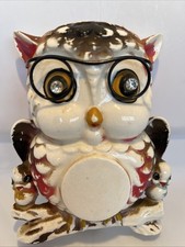 Rare Vtg Owl W/Black Rimmed Glasses, Rhinestone Eyes Perched W/ Two Birds