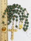 Vtg Medjugorje Beads Golden Rosary Catholic Green Rhinestone Necklace Cross — photo 1