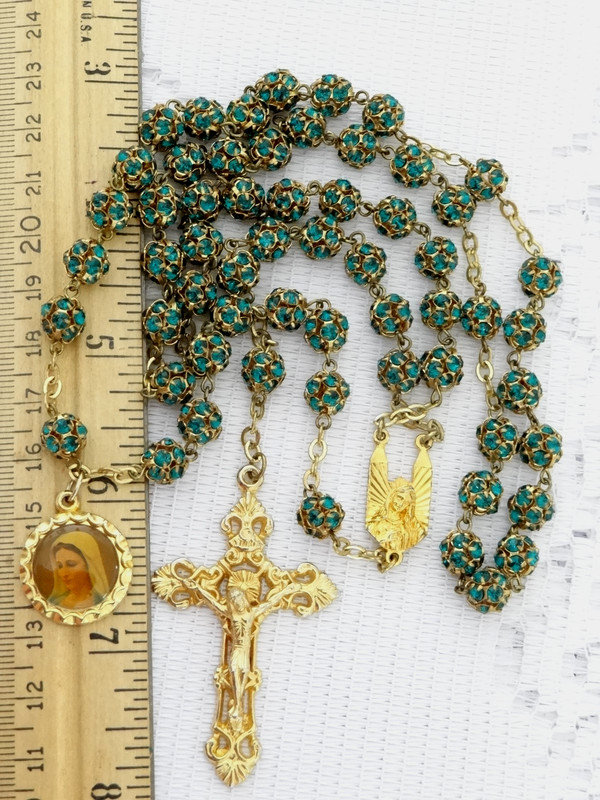 Vtg Medjugorje Beads Golden Rosary Catholic Green Rhinestone Necklace Cross