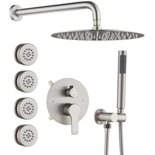 Brushed Nickel Round Rain Shower System with 4 PCS Body Jets 3 Function Showe...