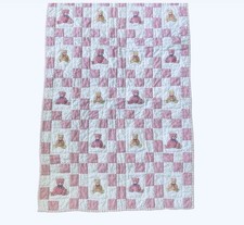 Vintage Handmade Pink  White Checked Baby Quilt, Appliqu d Teddy Bears, 24 X 36