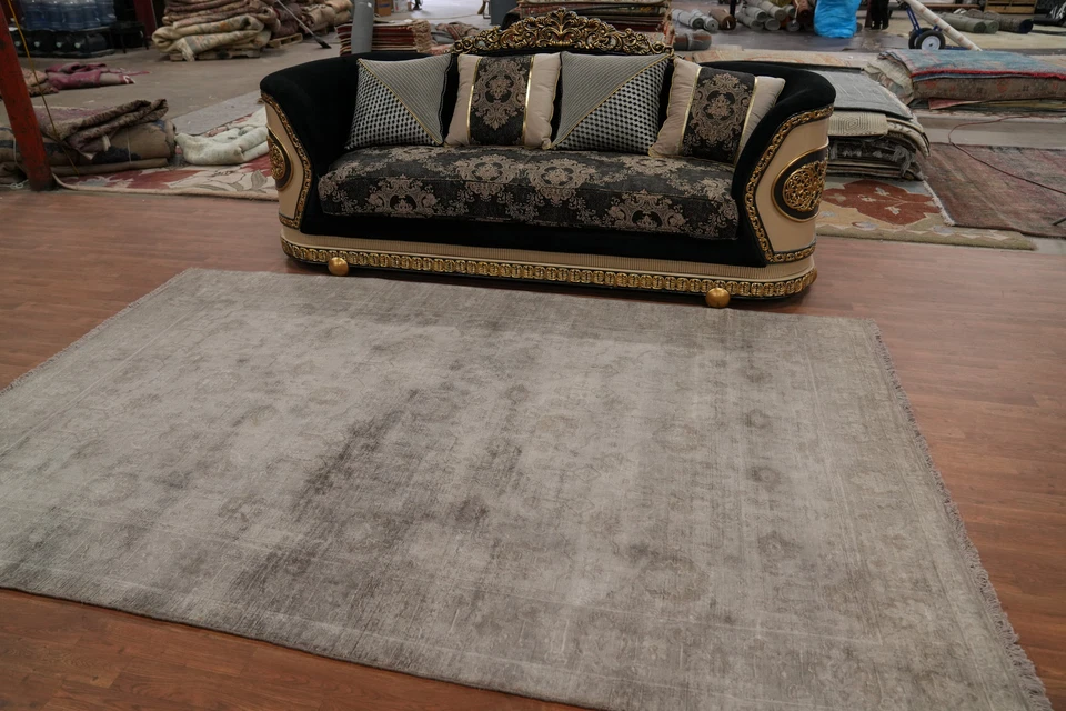 Handmade Transitional Oushak Area Rug 7x10 Ft Gray Silk Carpet Bedroom Rug - Image 3 of 4