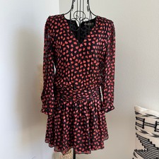 ALICE + OLIVIA Red Tessie Hearts Drop Waist Sheer Mini 3/4 Sleeve Dress Size 4