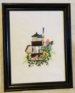 Framed Completed Embroidery Piece Birds Lighthouse Birdhouse Wall Decor