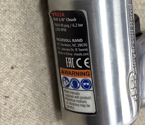 INGERSOLL RAND 7802AKC Drill 3/8" Chuck Size 2,000 RPM Free Speed 0.5 HP - Picture 4 of 4