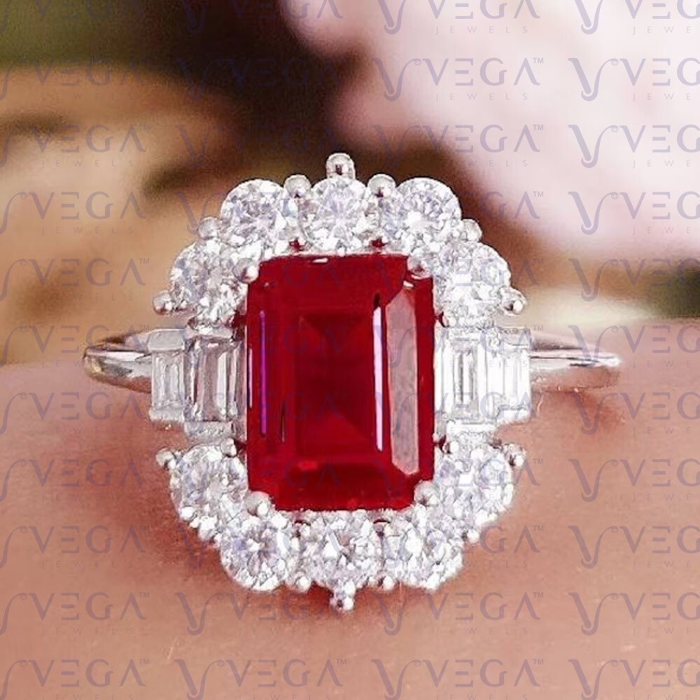 6.25Crt Emerald Cut Natural Red Ruby &amp; Diamond 100% 14k SOLID 
